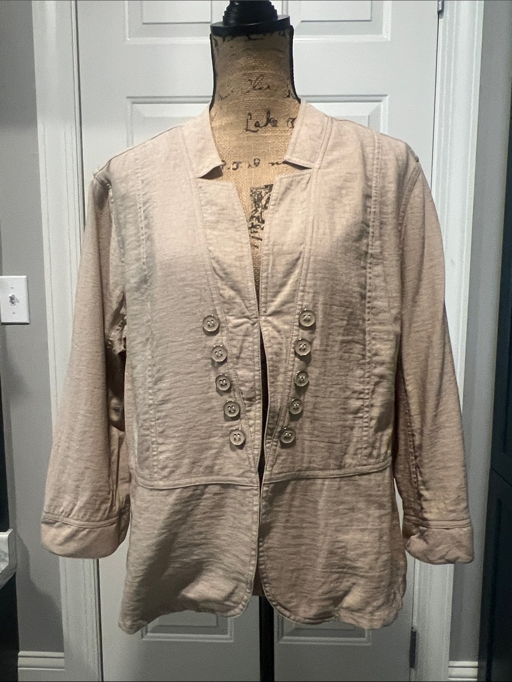 Multiples Sz L Beige Hook-Eye Close, Decorative Button-Front Jacket Minimalist
